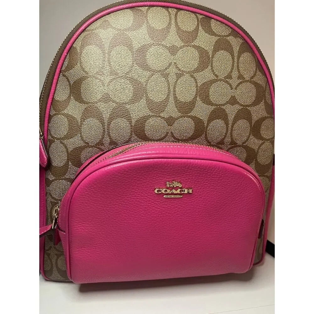Coach Court Backpack In Signature Canvas With Bold Pink Refined Pebble Leather